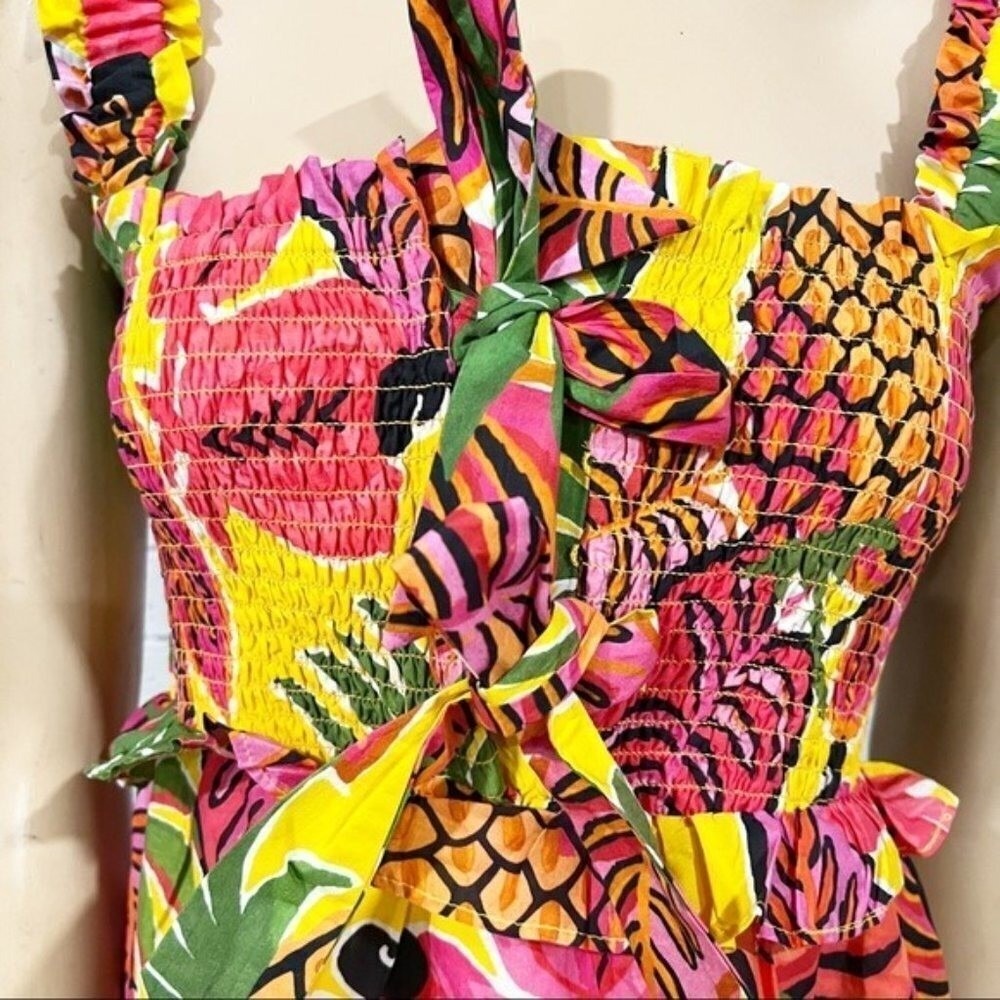 Farm Rio Yellow Tropical Pineapple Parrot Smocked Maxi Dress | Size Small - Picture 9 of 16